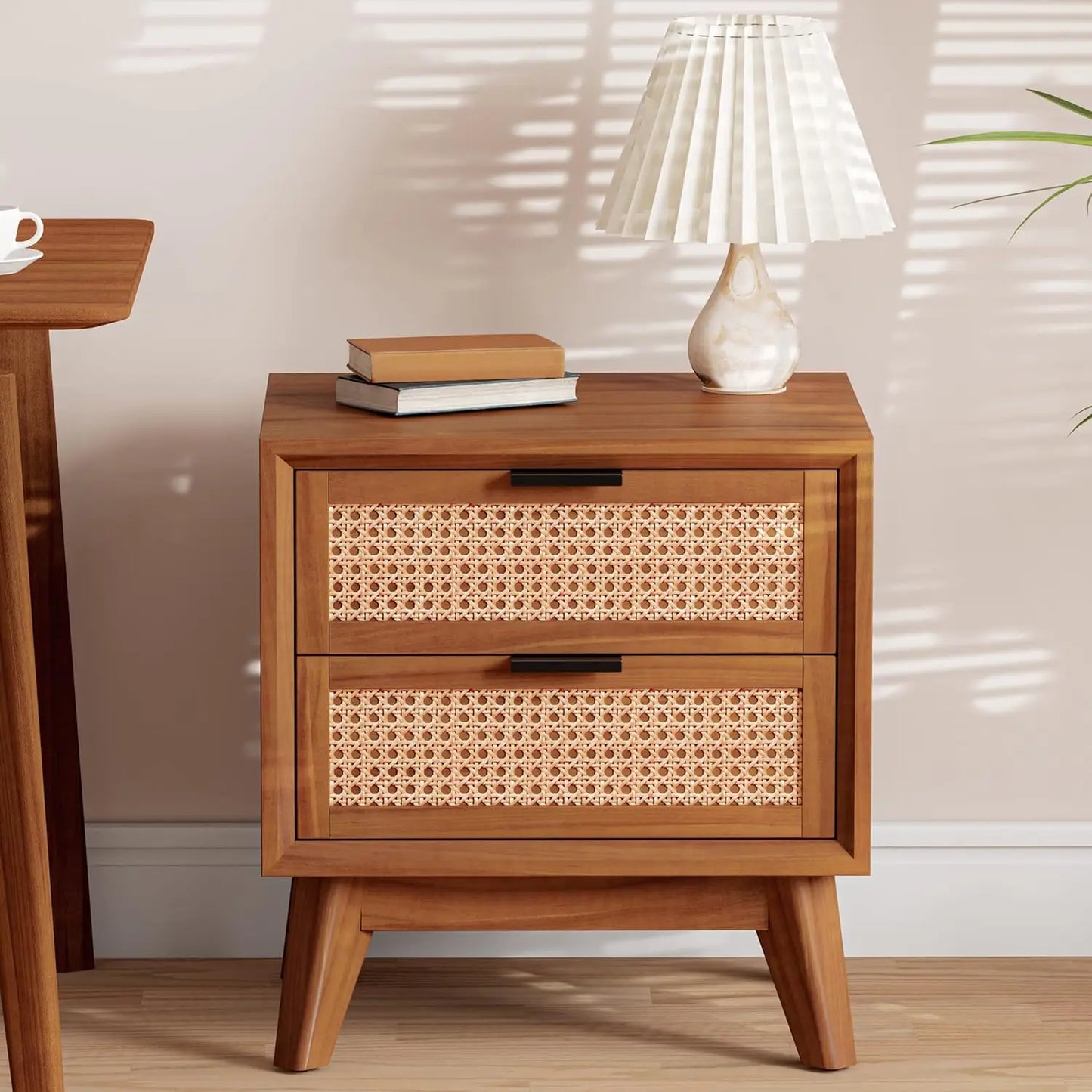 Jasper Fully Assembled Mid Century Solid Wood Rattan Nightstand