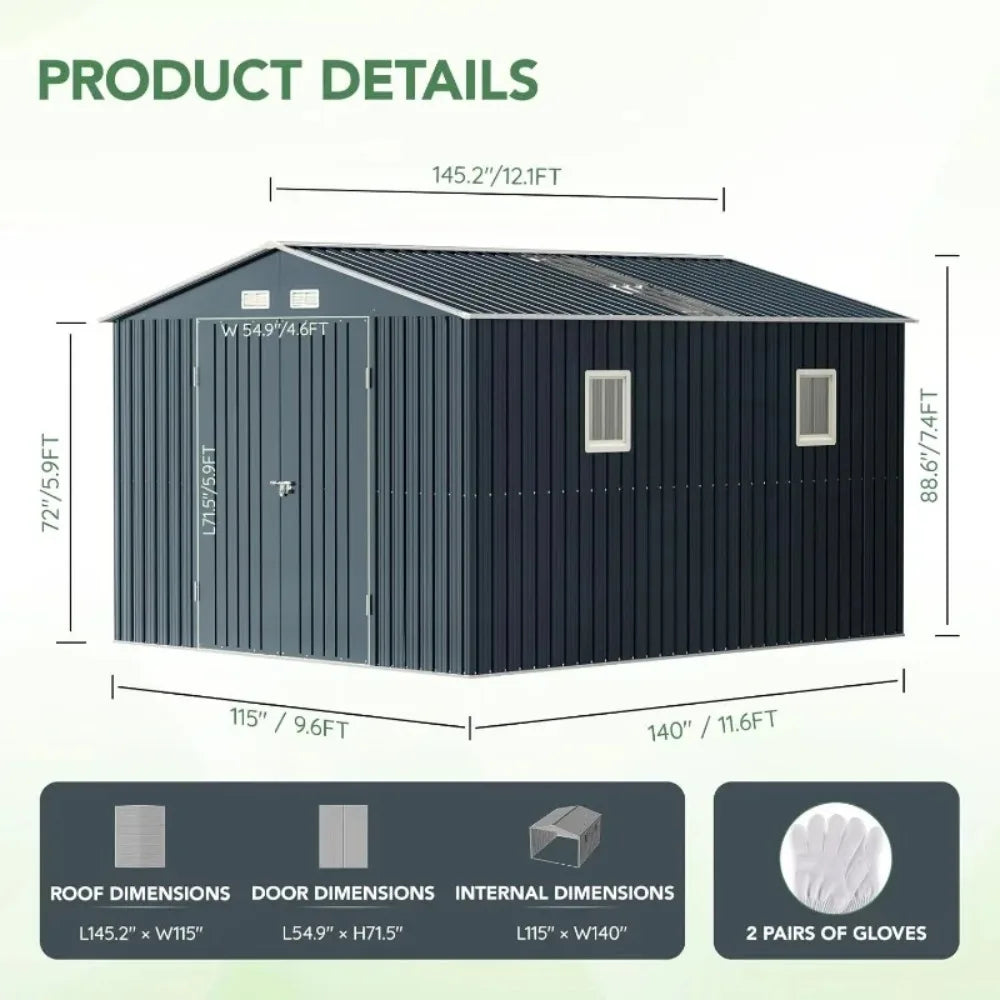10X12X7.5 FT Outdoor Steel Storage Shed with Lockable Doors, 2 Windows, Transparent Roof Panels (Wood Panels & Frame Floor