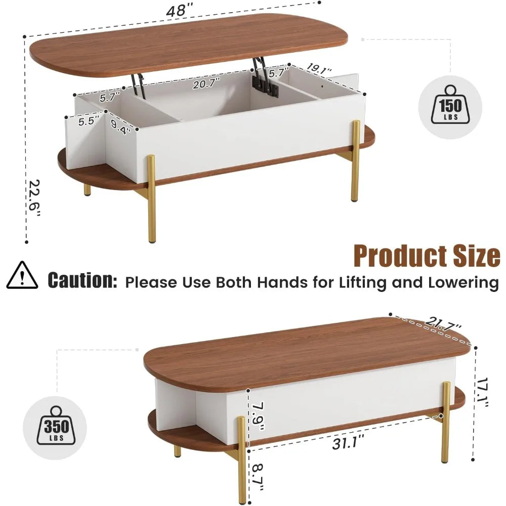 48" Oval Lift Top Coffee Table with Storage, Metal Legs & Hidden Compartment