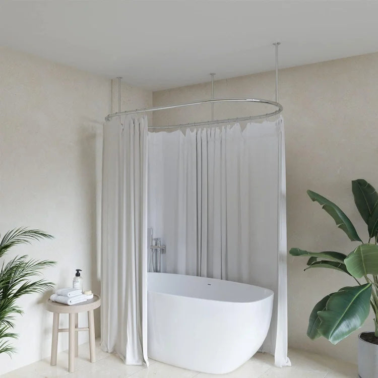 Stainless Steel Oval Shower Curtain Rod with Ceiling Support for Clawfoot Tub in 72" L X 36" W, Chrome Finish