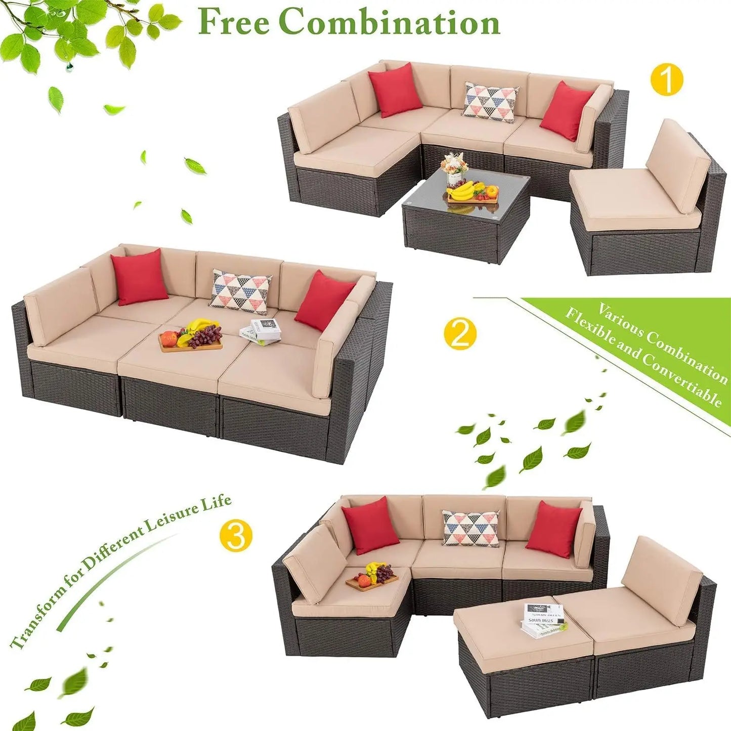 7 Piece Patio Furniture Set with Gas Fire Pit Table, Outdoor Conversation Sets Wicker Rattan Sectional Sofa with Coffee