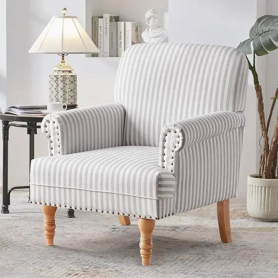 Linen Fabric Accent Chair, Mid-Century Modern Armchair with Solid Wood Legs Sofa Chair