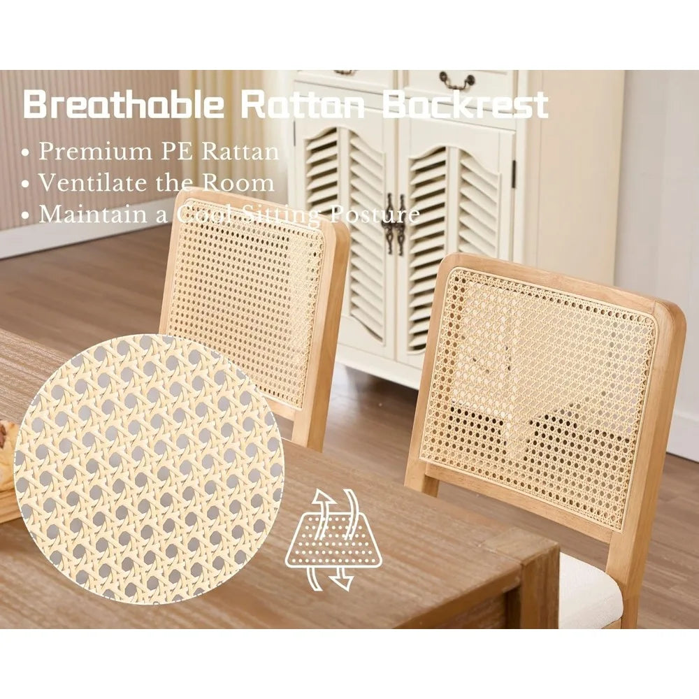 Modern Farmhouse Rattan Dining Chair Set of 6 Beige Chenille Upholstered Dining Chairs with Rattan Back