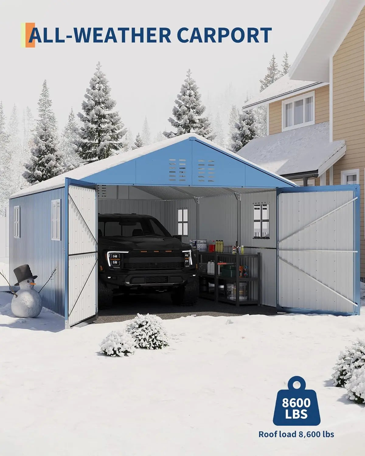 12x20 FT Metal Carport, Enclosed Car Port with Reinforced Frame and Steel Roof for All-Weather Use, Metal Garage Shed for Full-S