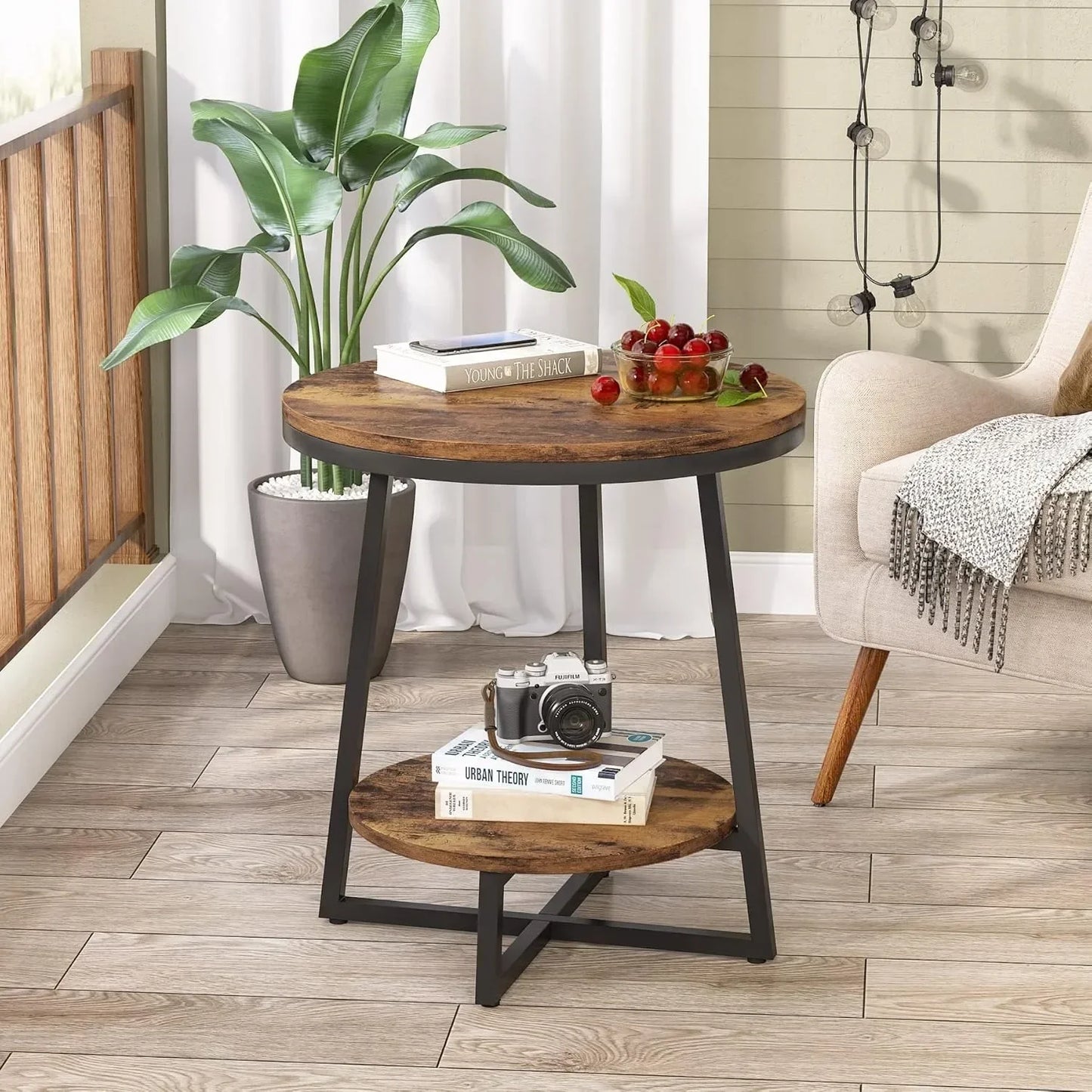 2 Tier Round End/Side Table with Storage Shelf