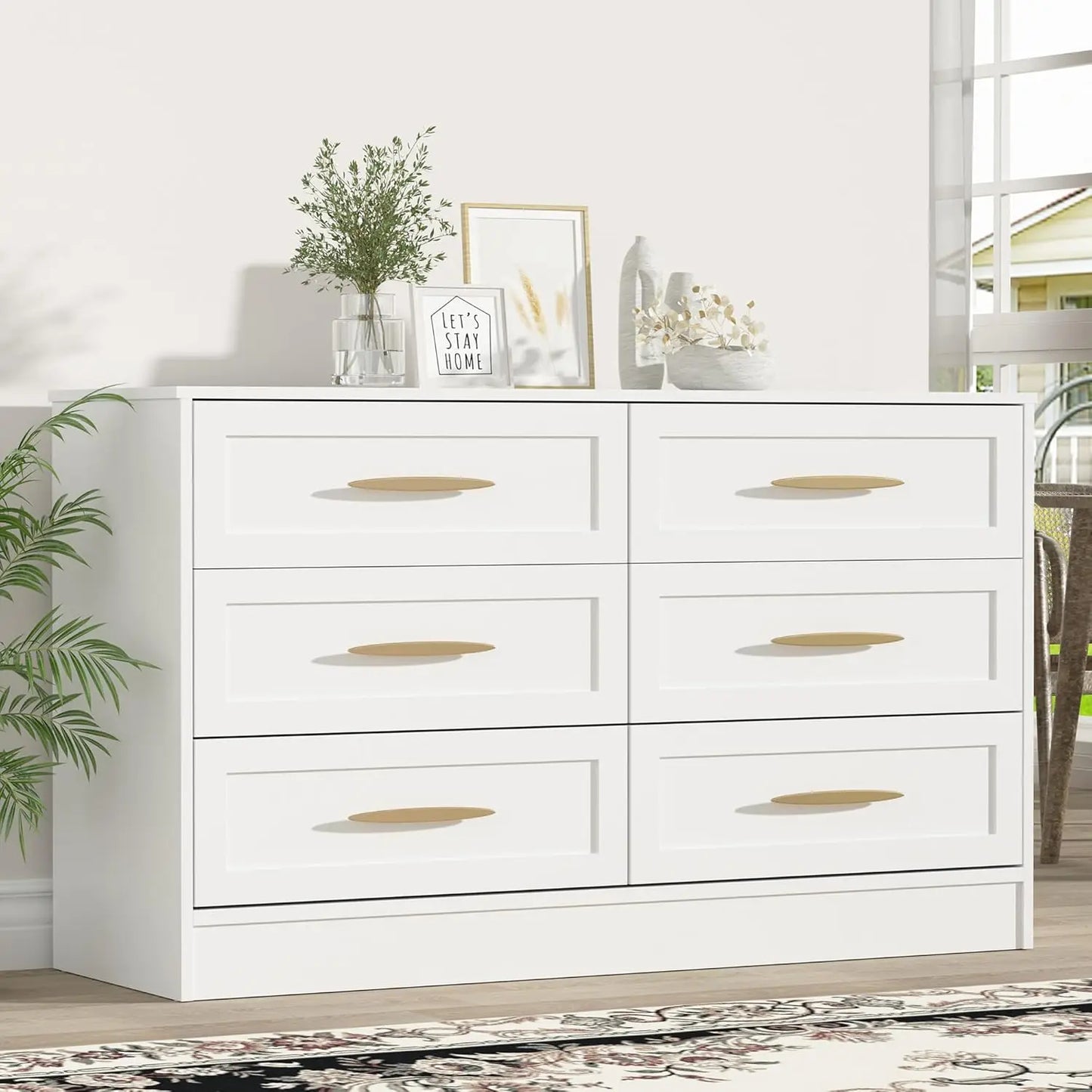 6 Drawer Dresser White and Gold, Tall Dresser , Wood Storage Cabinet