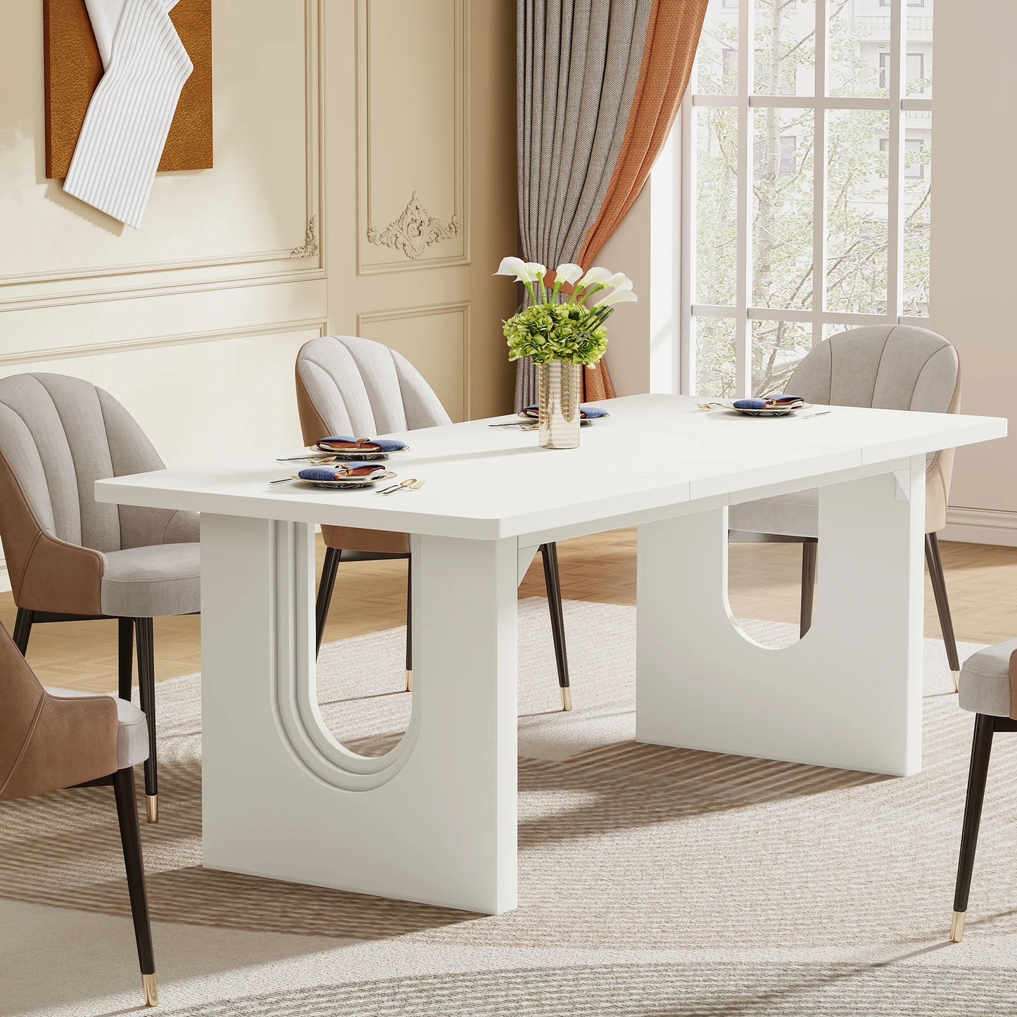 Modern Dining Table for 6 to 8 People, 71" Large Kitchen Dining Table with Wood Pedestal Base,