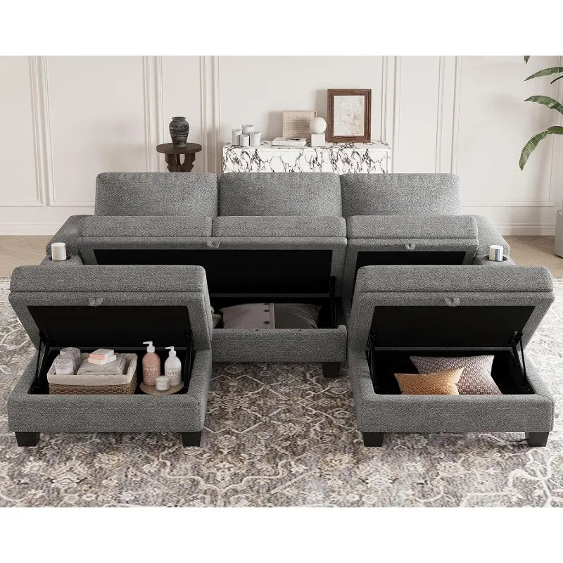 Small Modular Sectional Couches U Shaped Couch with Cup Holder Light Grey Couch