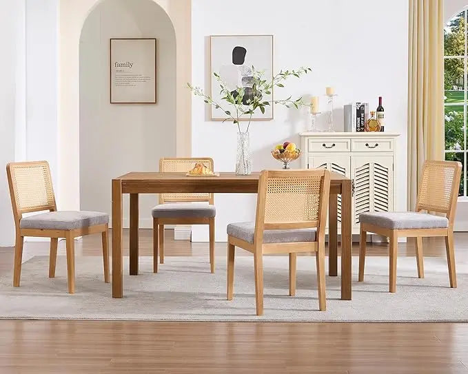 Modern Farmhouse Rattan Dining Chairs Set of 4 Beige Linen Upholstered Dining Room Chairs Cane Back Mid Century Black Wooden