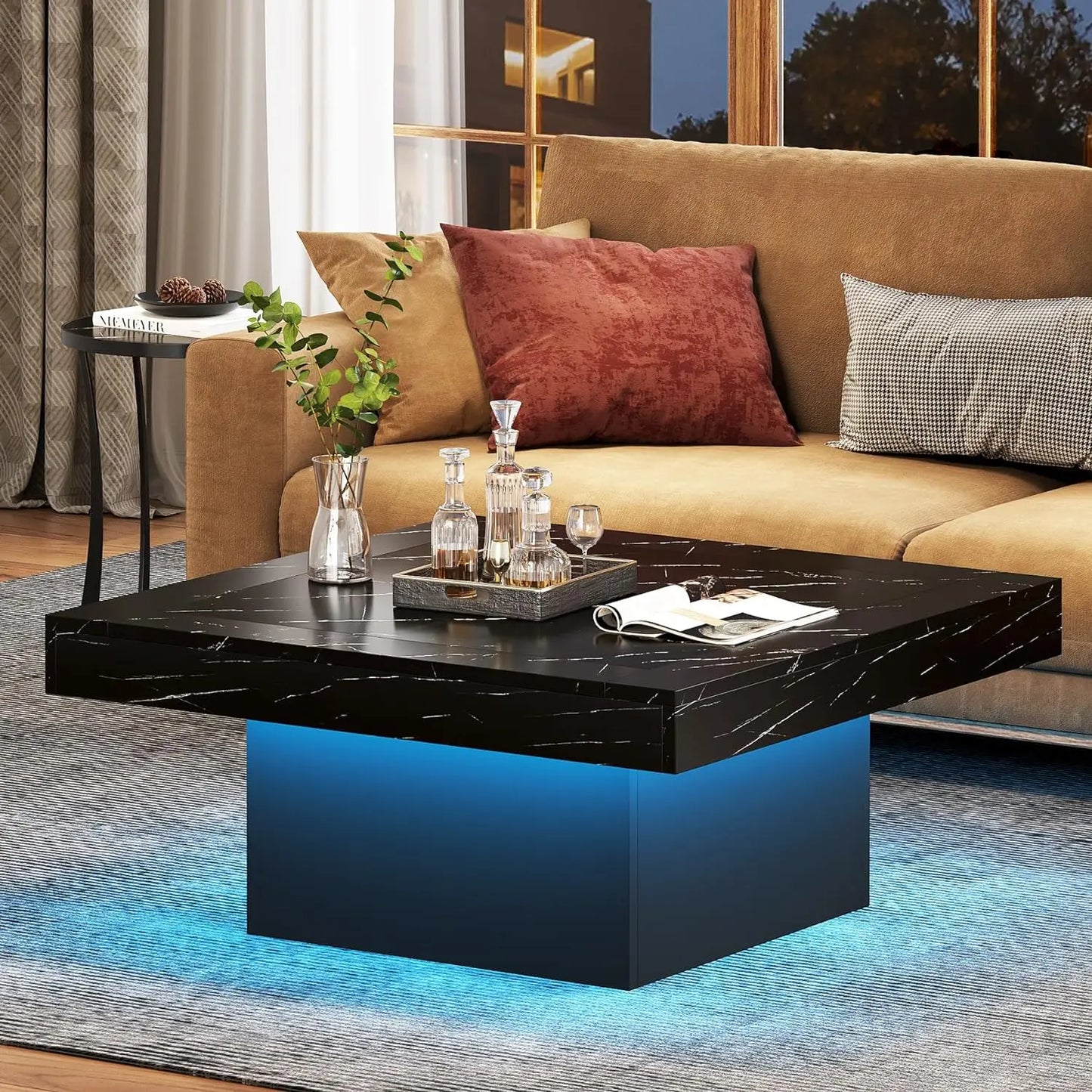 Coffee Table Square LED Coffee Table Engineered Wood Low Coffee Table for Living Room Rustic Brown & Black