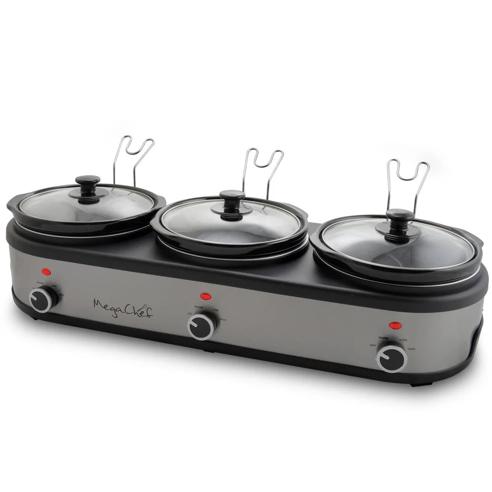 3 Pot 2.5 Qt Slow Cooker Buffet Server with Individual Temperature Control Detachable Lid Rests Anti Slip Feet