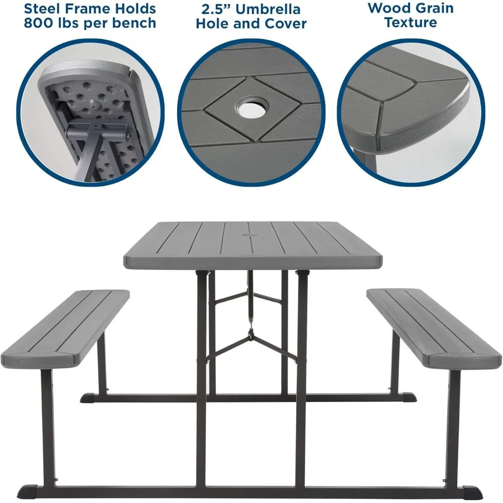 Outdoor 6 ft. Folding Picnic Table, Dark Gray Wood Grain Resin with Gray Steel Legs