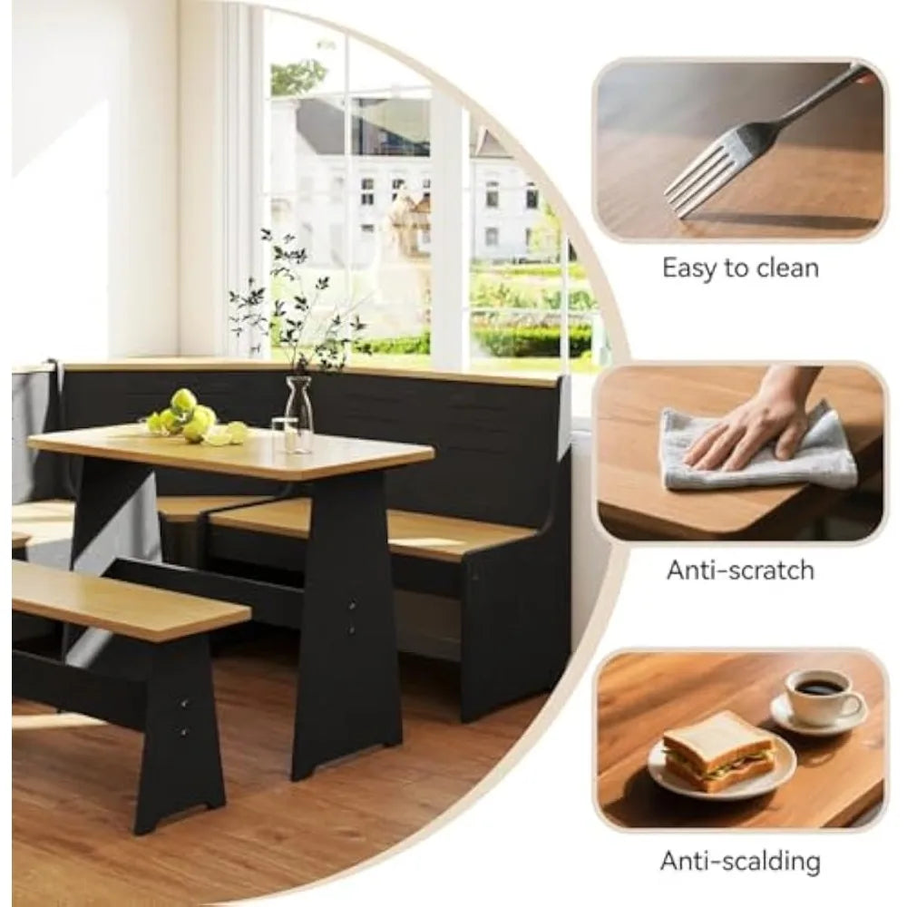breakfast nook corner dining table kitchen bench chair set, space-saving 3-5 people seat reversible l-shape for family home blac