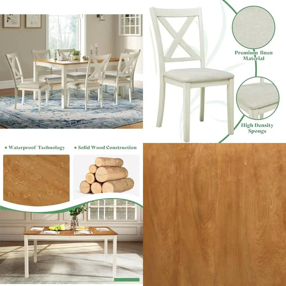 Solid Wood 7-Piece Farmhouse Dining Set with 6 Upholstered Chairs, 60" Space-Saving Table for Dining