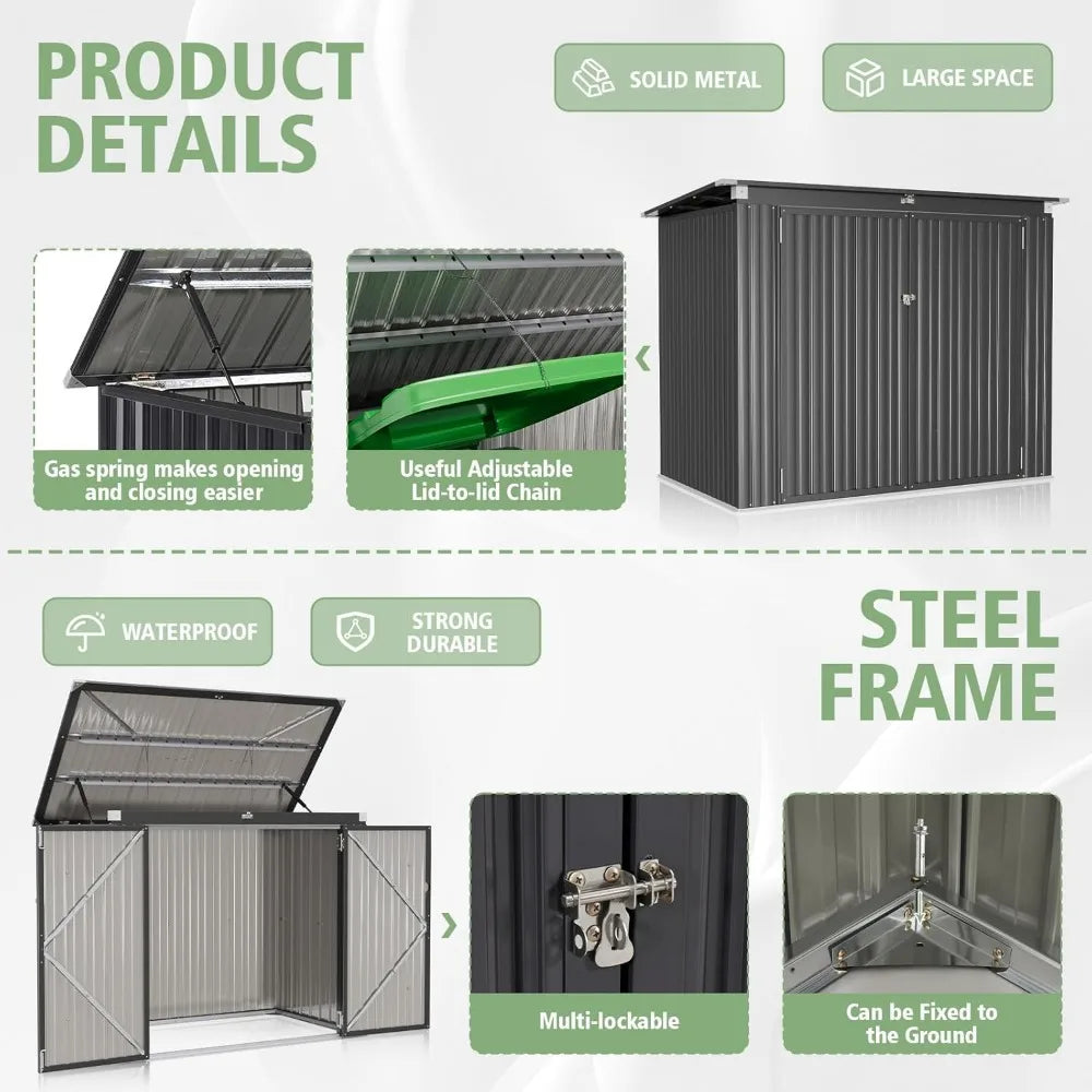 79 Cu. Ft Premium Storage Shed 3.3 x 5.6 FT Outside Metal Trash Shed Waterproof Outside Storage with Lid Chain Storage Trash Can