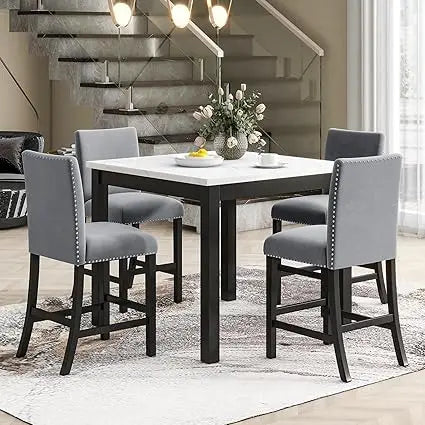 Modern Counter Height Dining Table Set for 4, Faux Marble Top Square Dining Table with 4 Velvet Upholstered Chairs, 5 Piece Coun
