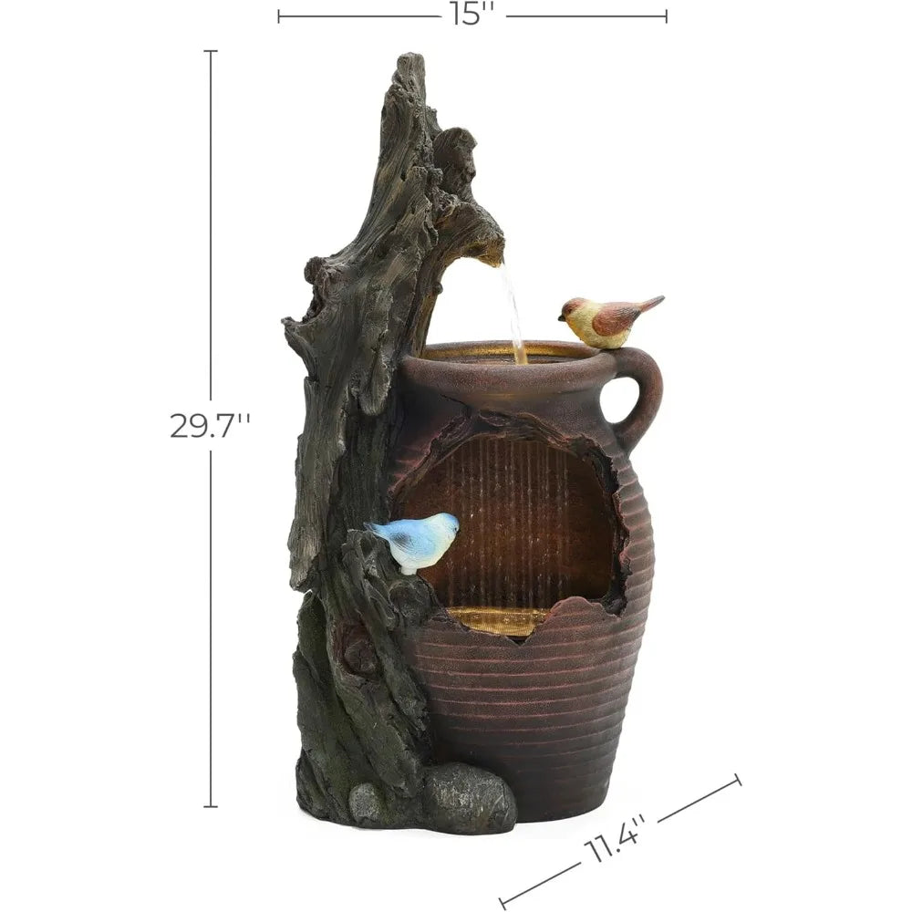 LuxenHome 30 Inch Tall Outdoor Water Fountain, Rustic Pot and Tree Trunk Cascading Waterfall Fountain Outdoor and Indoor with LE