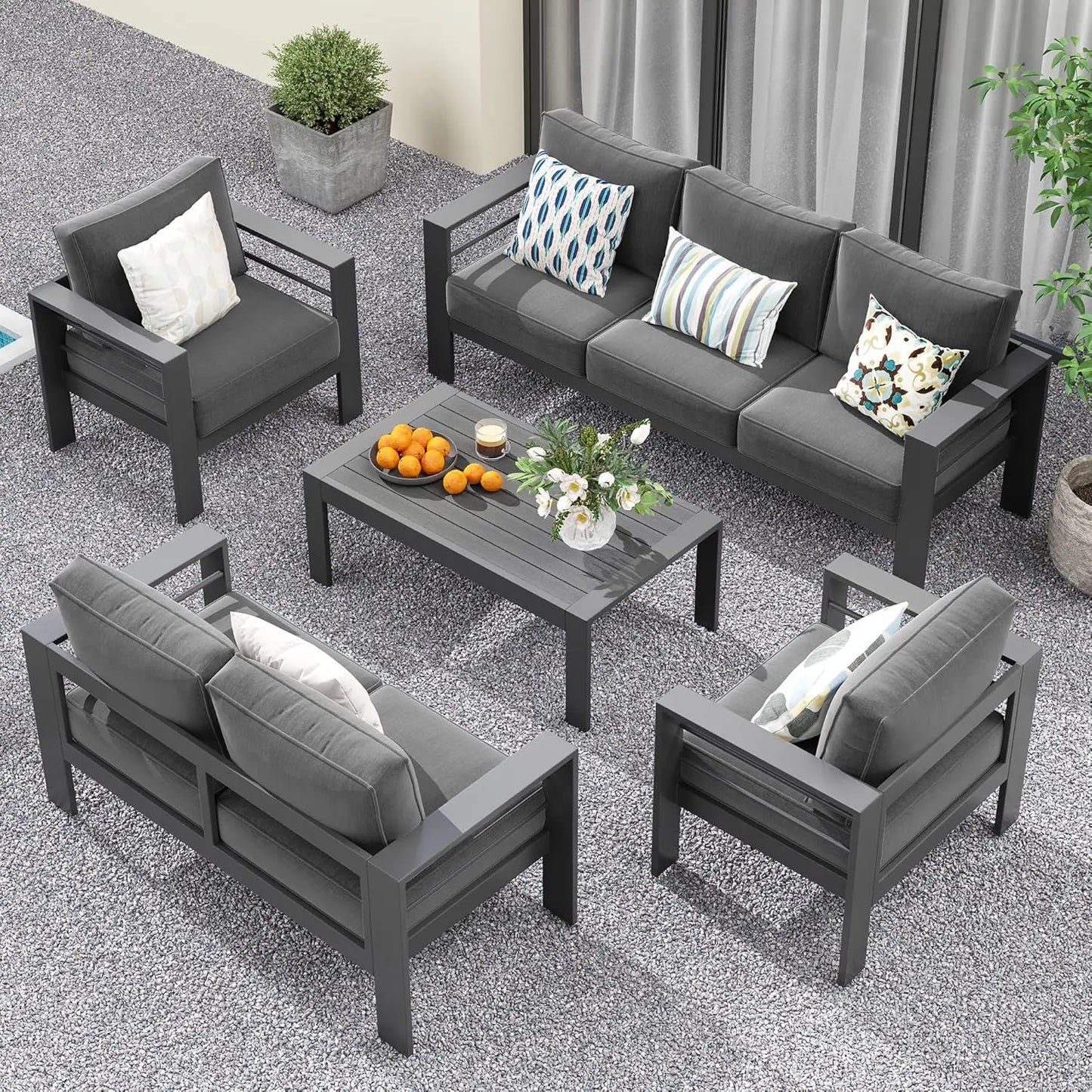 7 Seats Patio Furniture Set, Metal Sectional Sofa with Upgrade Cushion and Coffee Table, Dark Grey