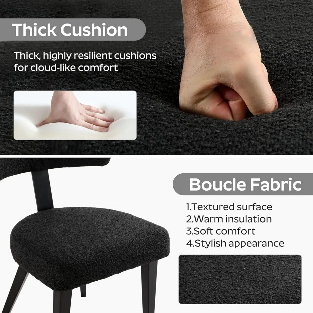 Dining Chairs Set of 4, Black Modern Upholstered Kitchen Dining Room Chairs, Boucle Dining Chairs Curved Backrest, Mid Century K