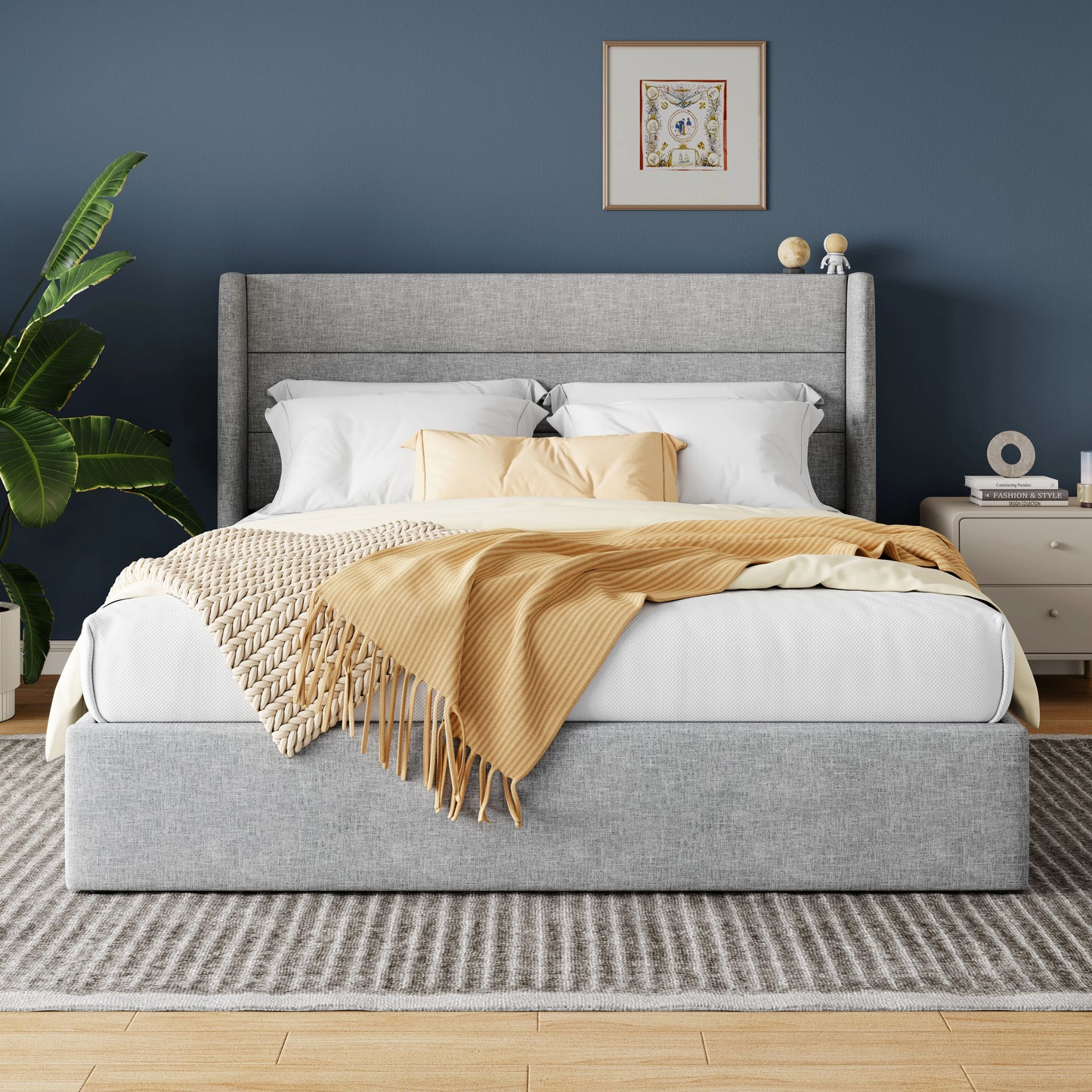 Lift Up Storage Bed with Wingback Headboard/Heavy-Duty Hydraulic Bed/Large Underneath Storage Allewie