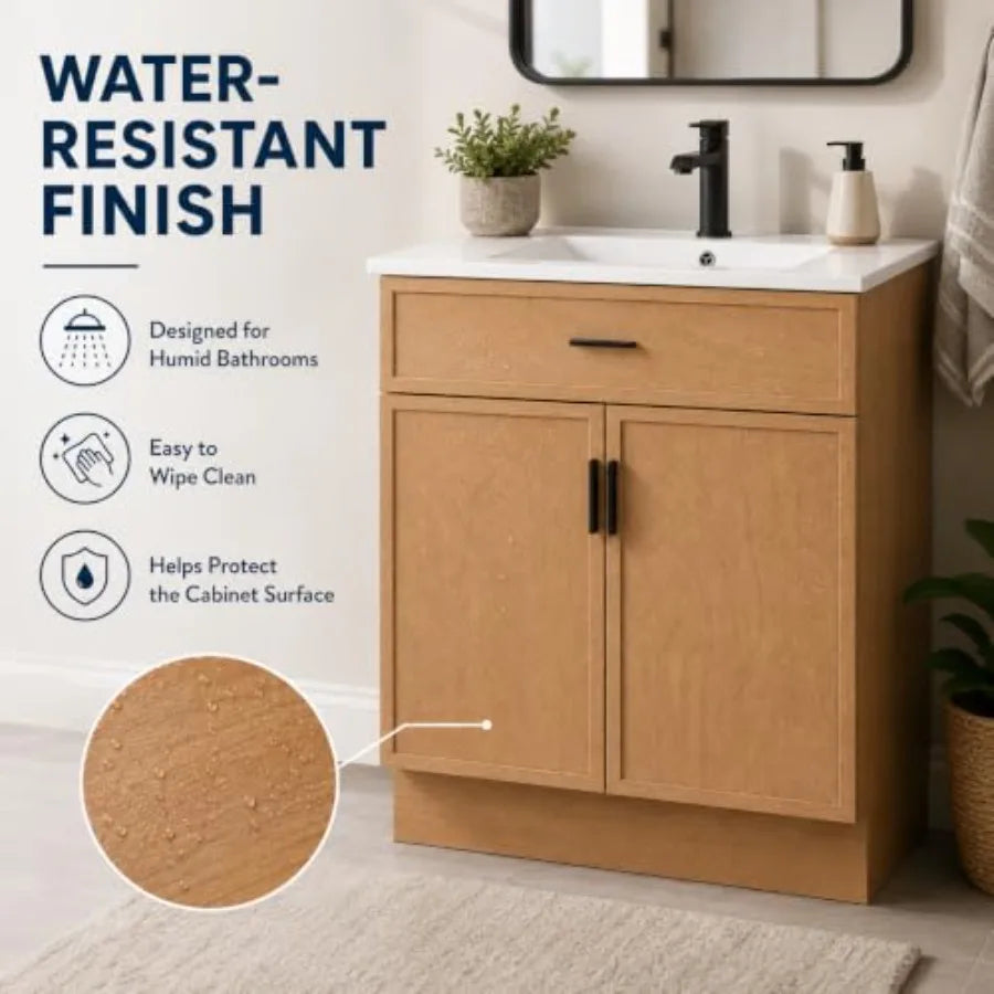 30 Inch Bathroom Vanity with Ceramic Sink and Countertop, Water-Resistant Wood Cabinet with 2 Soft-Closing Doors, White Finish