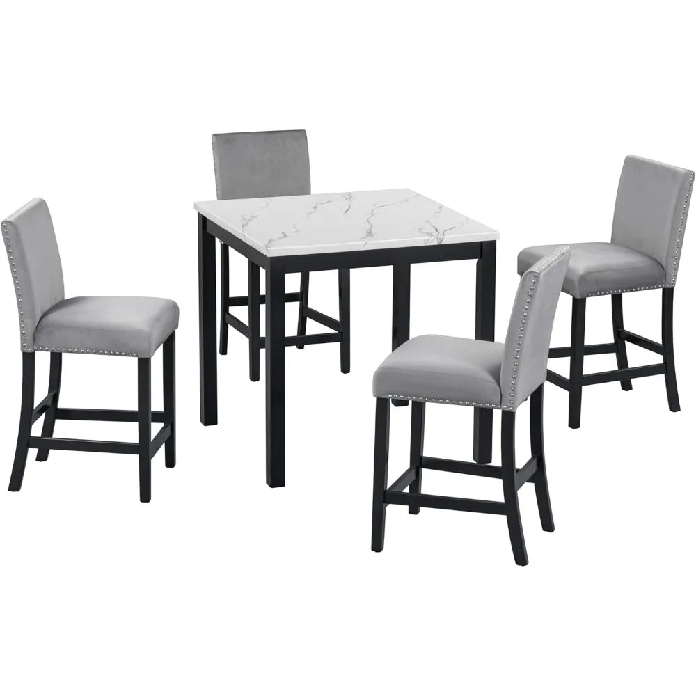 Modern Counter Height Dining Table Set for 4, Faux Marble Top Square Dining Table with 4 Velvet Upholstered Chairs, 5 Piece Coun