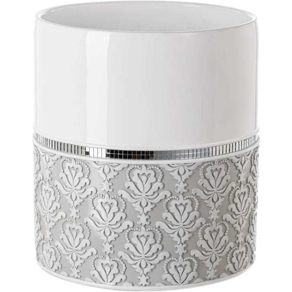 6 Piece Mirror Damask White and Gray Bathroom Accessories Set