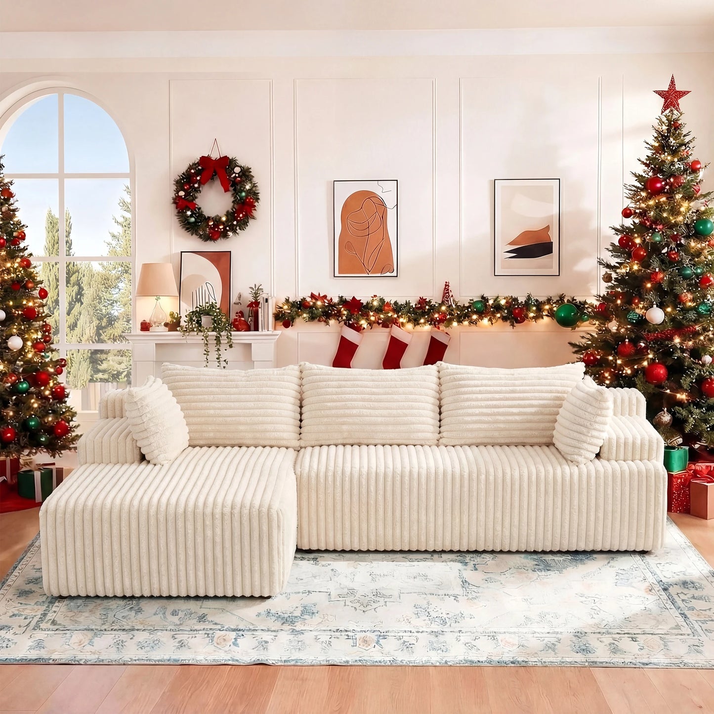 L-Shape Corduroy Sectional Sofa,Cloud-Like Couch,Boneless Couches, No Assembly Required,Deep Seat, for Living Room