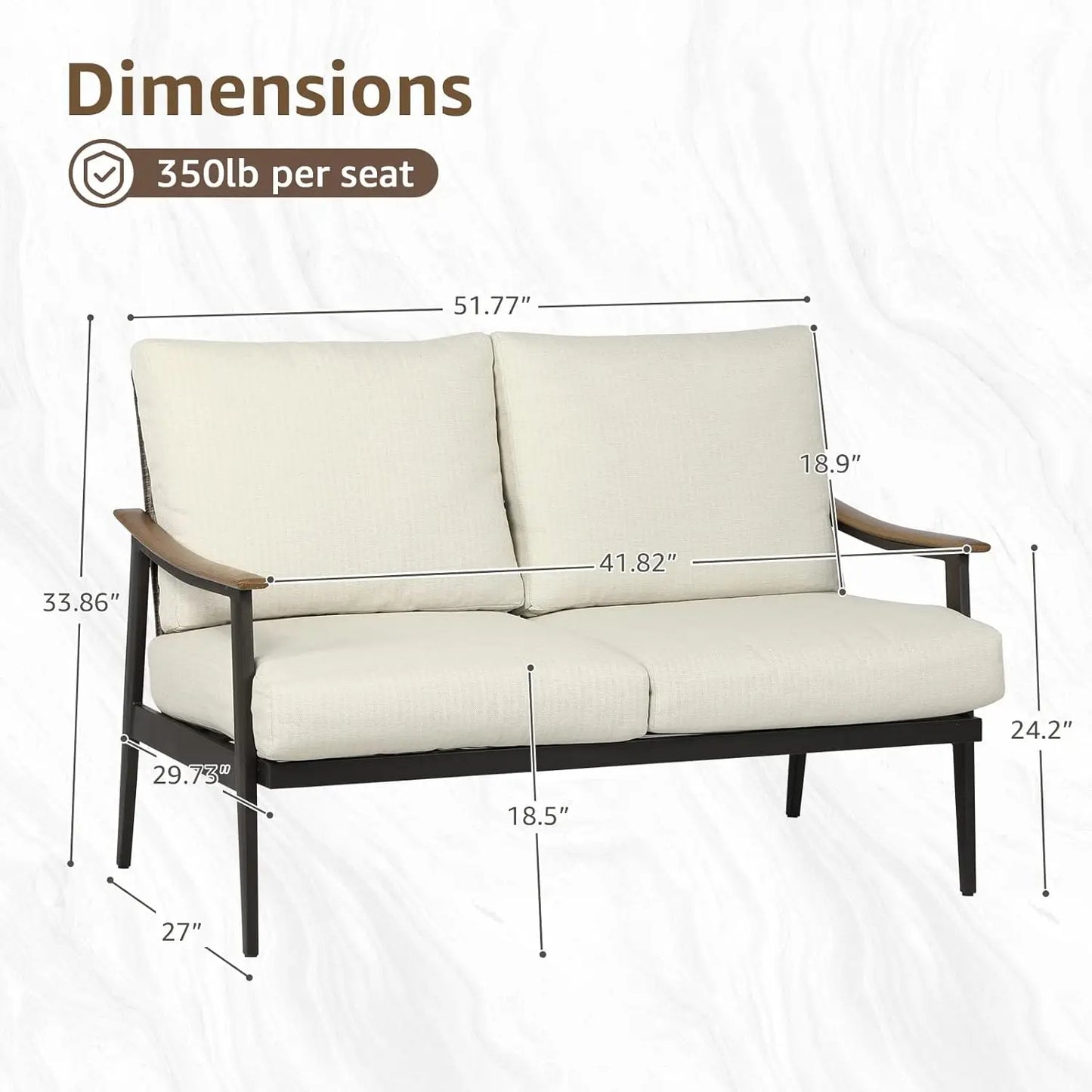Patio Loveseat Sofa Furniture Metal Chair with Wicker Backrest & 6 Inches Cushion for Indoor, 51.77"(L) x 29.75"(W) x 33.86"(H).