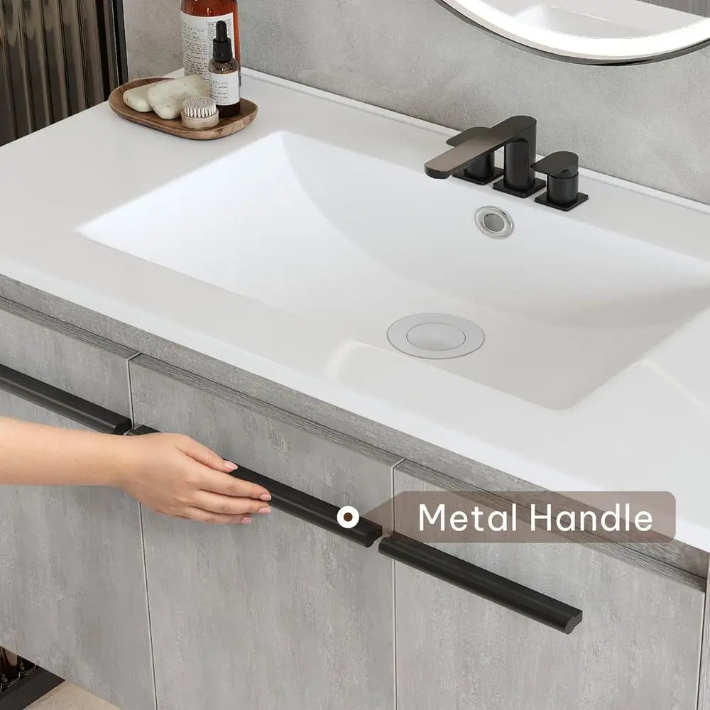 36 Inch Floating Vanity Bathroom with Sink Combo, Grey Wall Mounted Modern Vanity, Bathroom Cabinet Vanity with Soft-Closing Thr