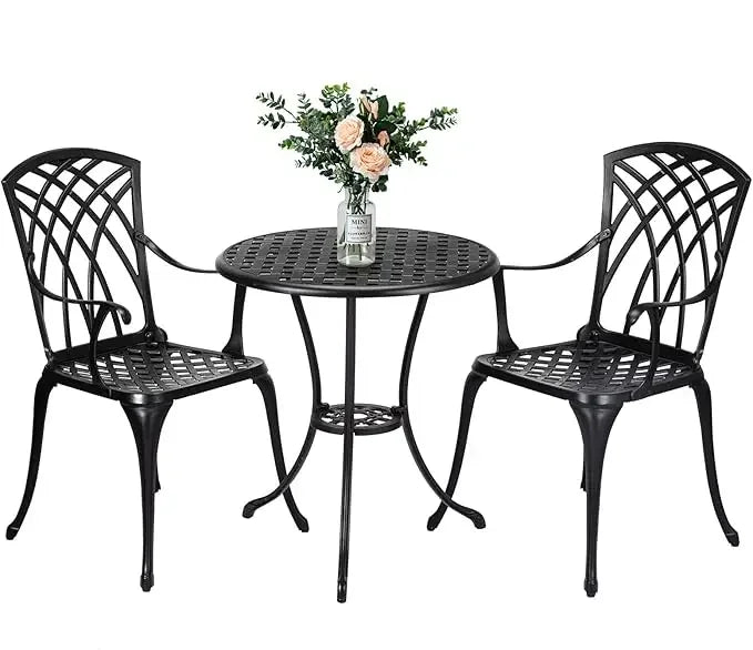 Cast Aluminum Patio Bistro Set with Umbrella Hole, 3 Piece Outdoor Bistro Set Rust-Resistant