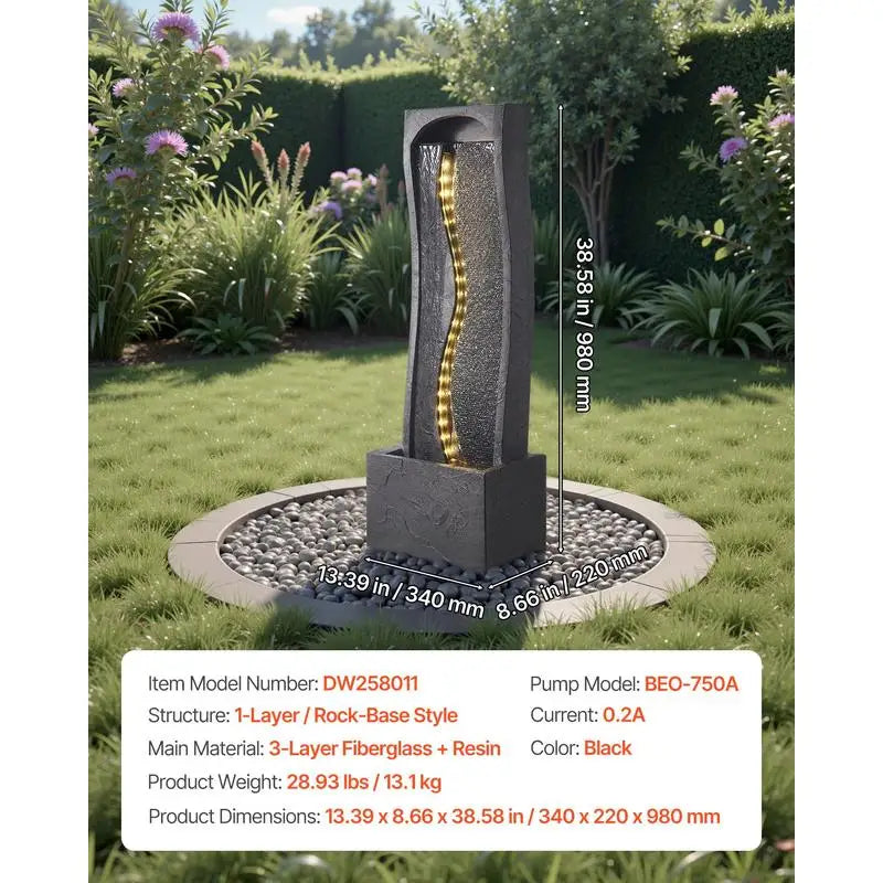 Standing Cascading Stream 38.58-inch Height For Garden Home Backyard, Rock Base Style Waterfall LED Light Water Pump Floor Decor Outdoor Indoor Ornament