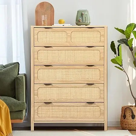 5 Drawer Tall Wooden/Rattan Chest Dresser