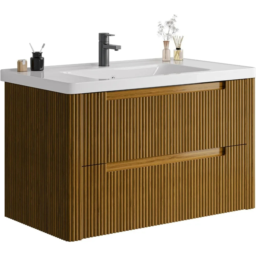 Modern Bathroom Vanity with Sink Combo,Curved Floating Bath Vanity with 2 Soft Close Drawer,Wall Mount Bathroom18.8Dx24Wx20.2"H