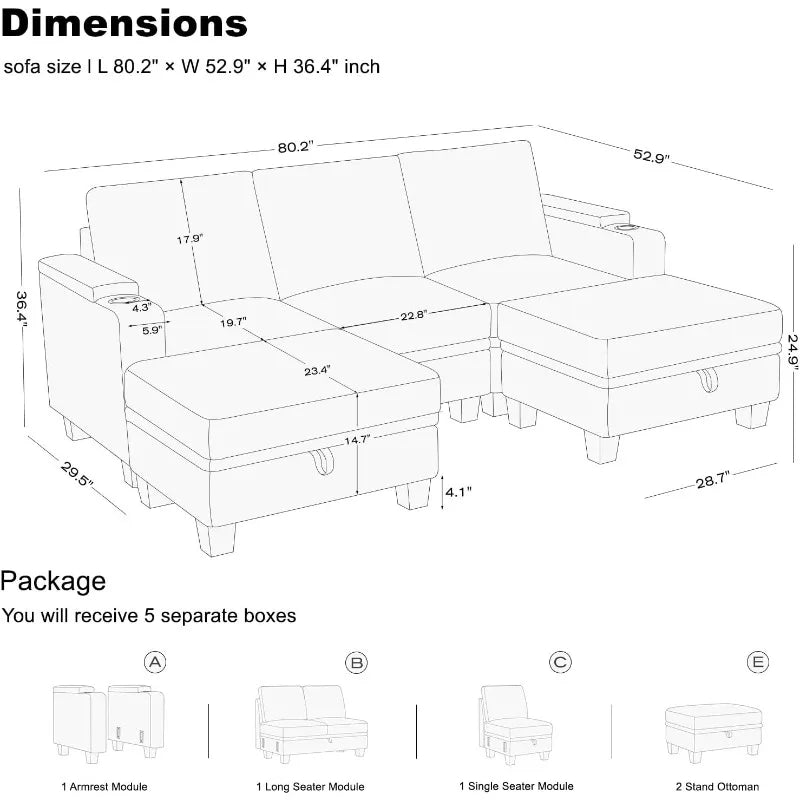 Small Modular Sectional Couches U Shaped Couch with Cup Holder Light Grey Couch
