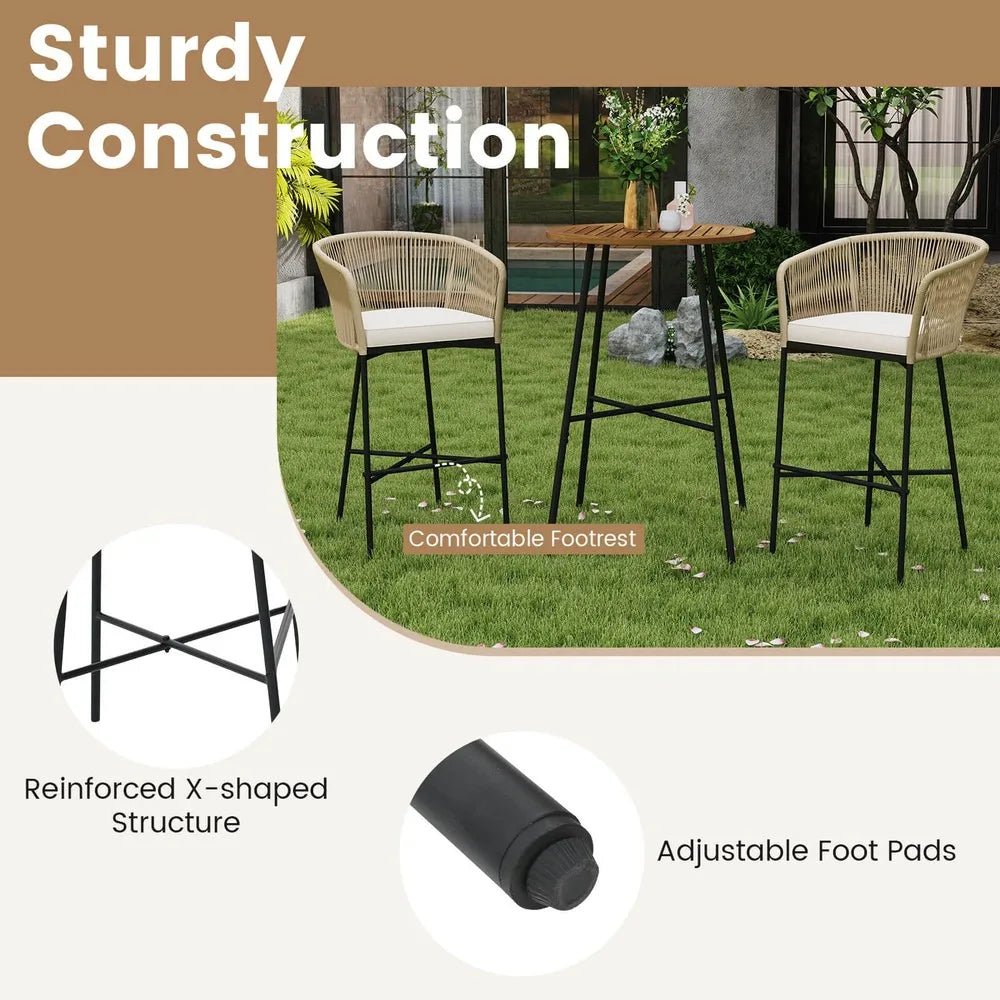 3 PCS Rope Woven Patio Bar Set w/ Soft Cushions and Acacia Wood Tabletop