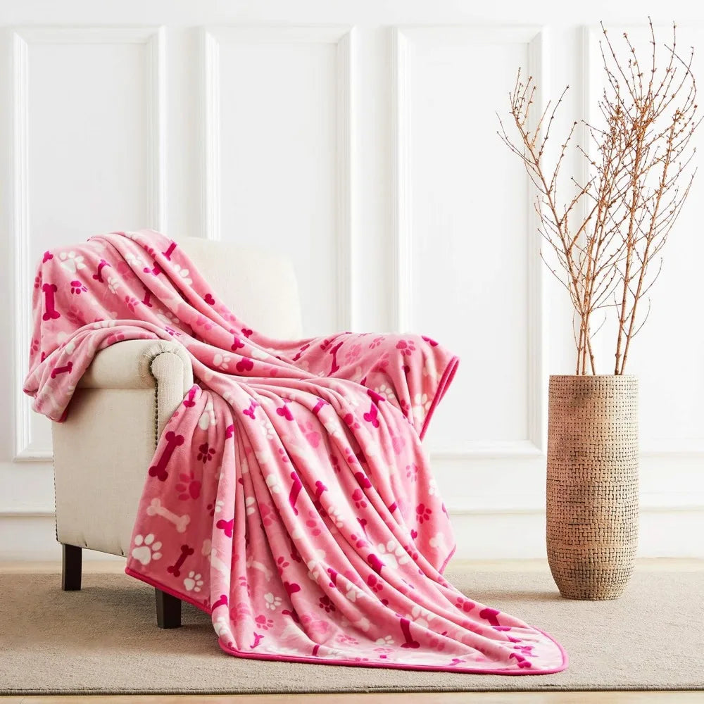 Luxurious Dog Blanket, 350 GSM Super Fuzzy Microplush Fleece Pet Blankets for Small Medium Large Dogs and Cats, Pink Paw and Bo