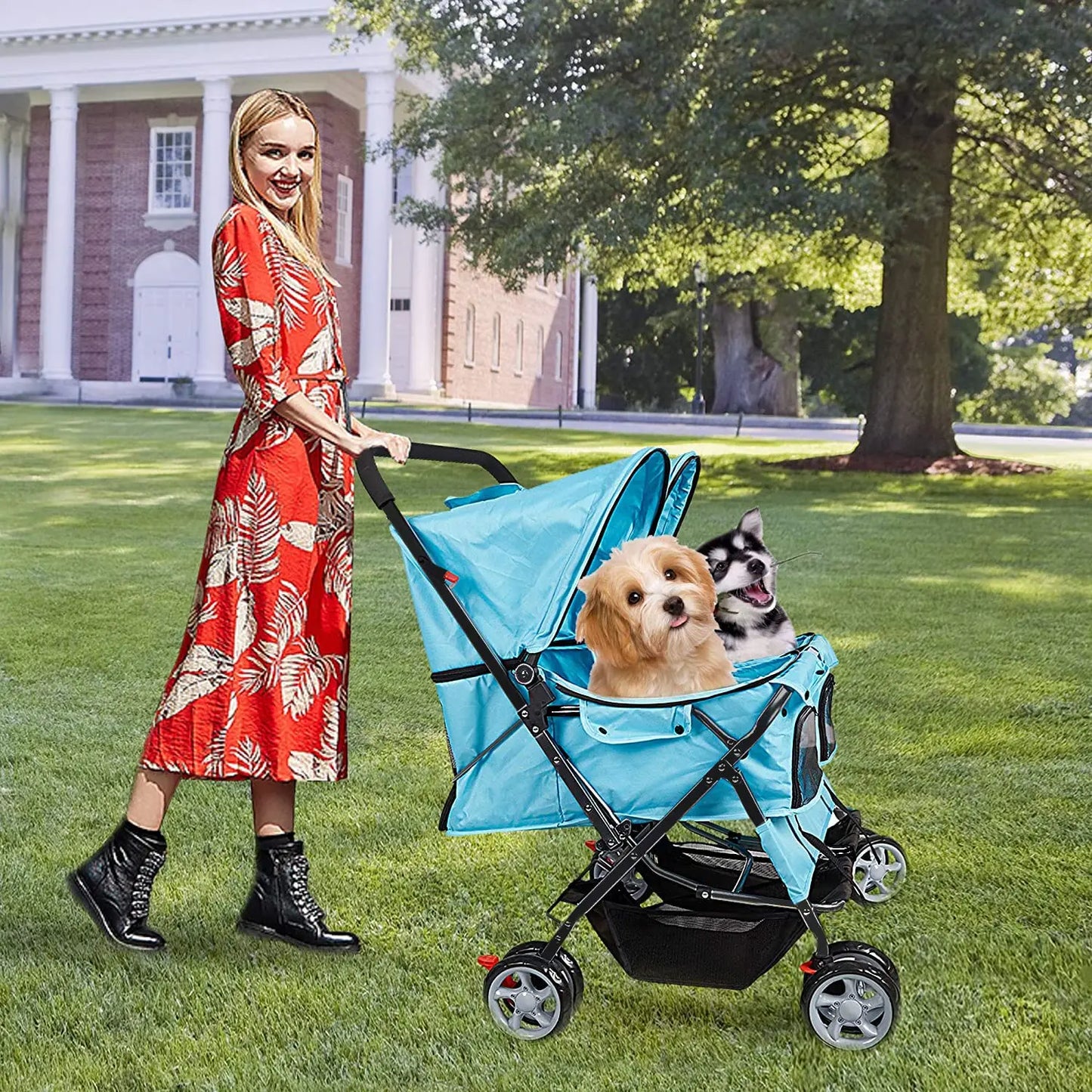 Double Pet Stroller, Foldable Double Dog Stroller for 2 Dogs Cats with 4 Wheels, Twin Walk Jogger Travel Pet Carriage Cart