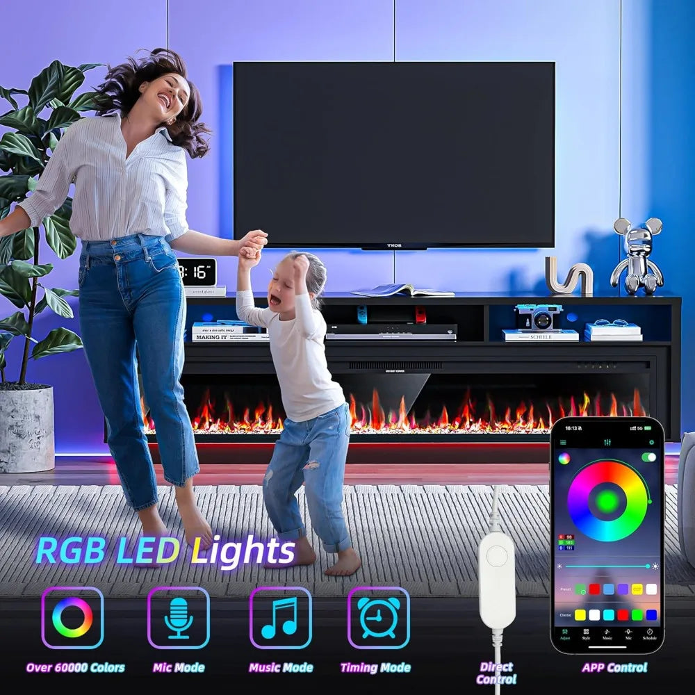 70" Fireplace TV Stand for TVs Up to 80" with 64" Electric Fireplace, TV Console for The Living Room, LED Light Entertainment C