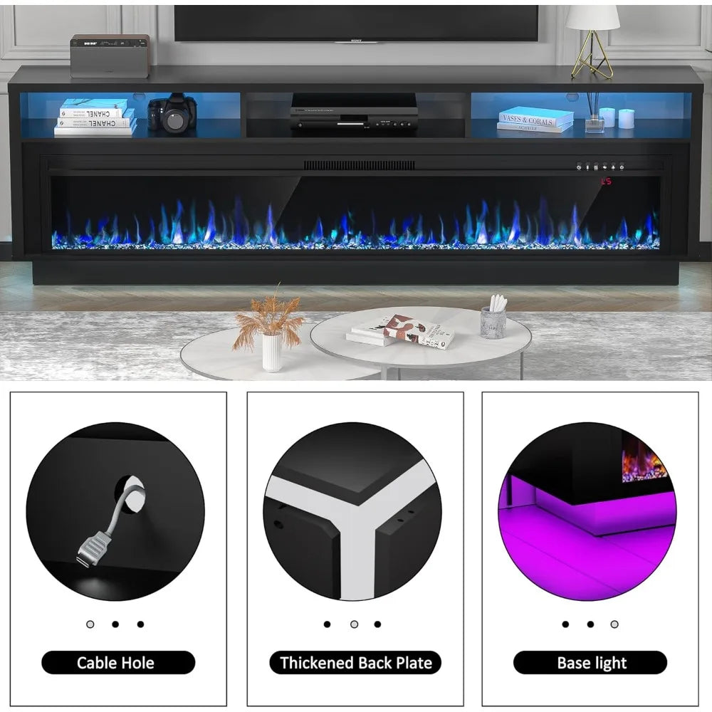 70" Fireplace TV Stand for TVs Up to 80" with 64" Electric Fireplace, TV Console for The Living Room, LED Light Entertainment C