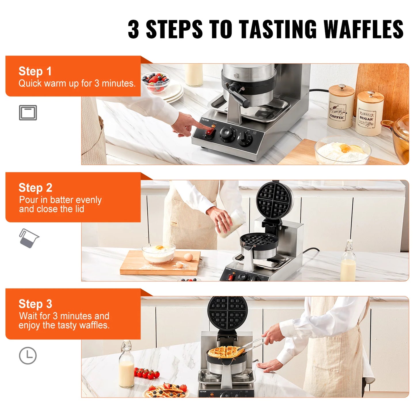 Electric Waffle Maker Stainless Steel Round Waffle Iron Non-Stick Waffle Baker Machine Teflon-Coated Baking Pans