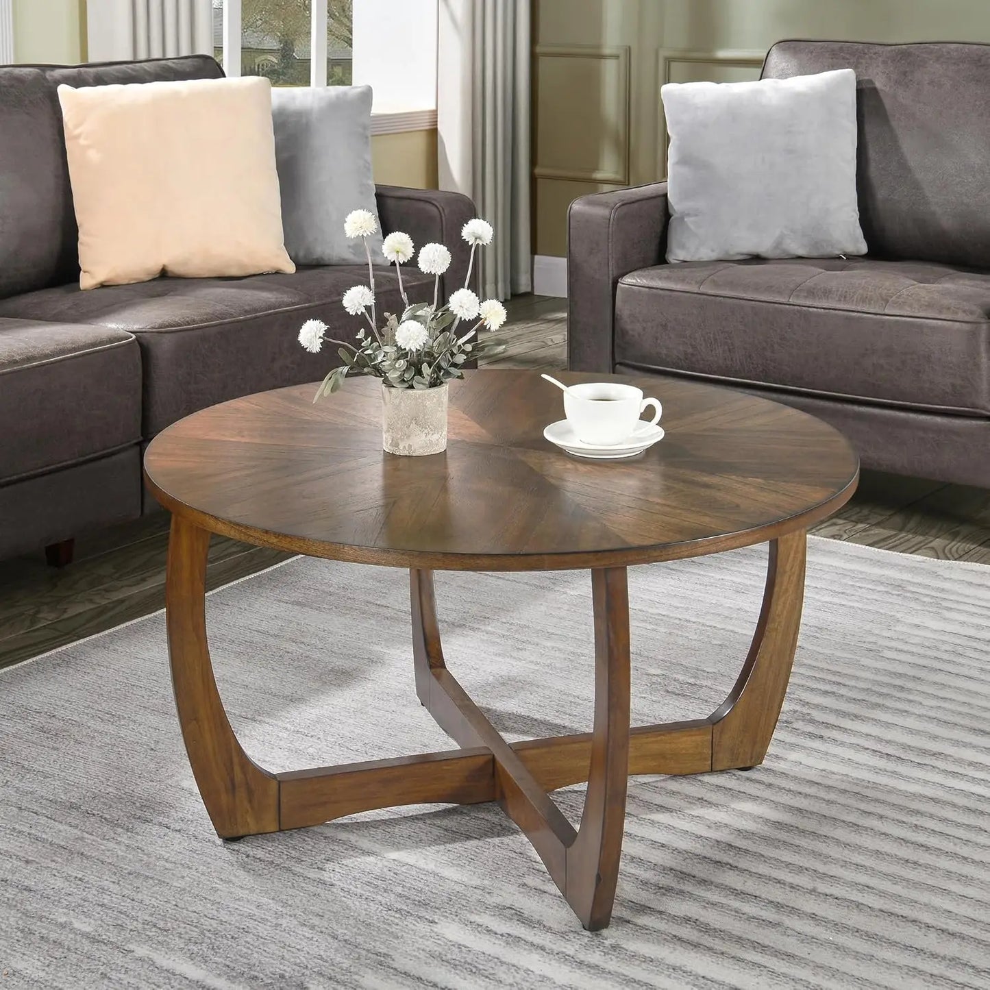 Mid Century Modern Round Walnut Coffee Tables, 33.5" Dia. Circle Drum Coffee Table