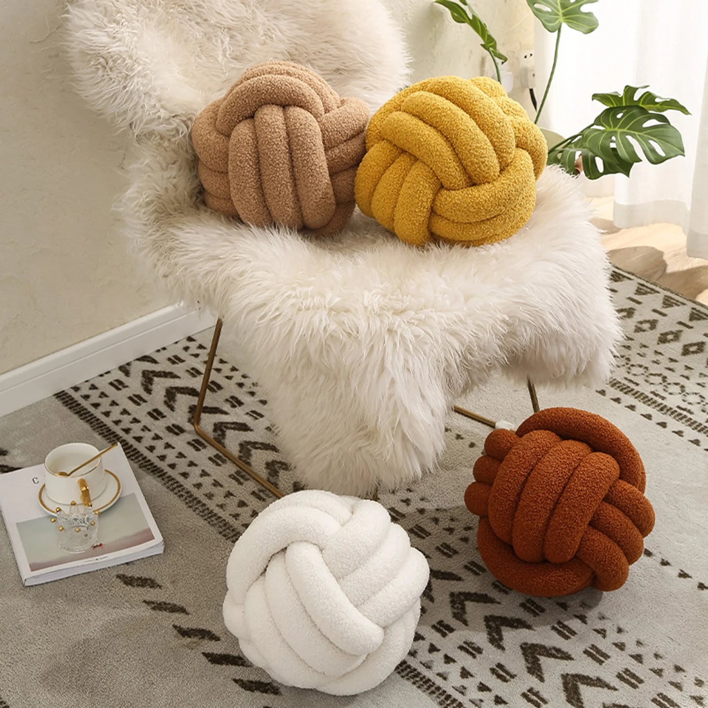 Knotted Ball Throw Pillow Ultra Soft Companionship Decorative Hand-woven Knotted Ball Lamb Velvet Sofa Cushion for Bathroom