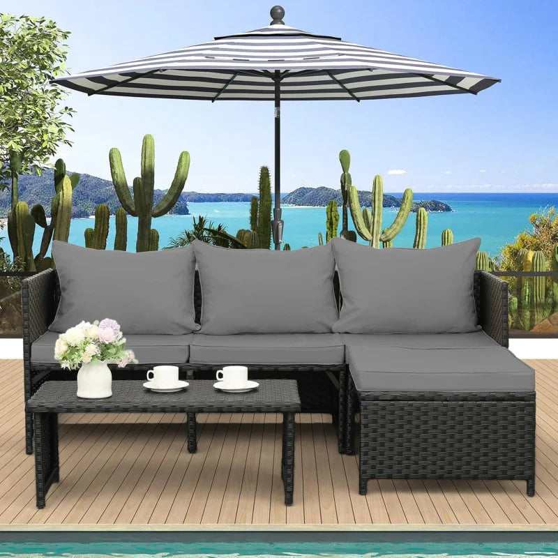 3-Piece Outdoor PE Rattan Furniture Set Patio Black Wicker Conversation Loveseat Sofa Sectional Couch Gray Cushion
