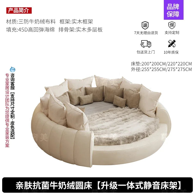 Bedroom Furniture Fabric Cream Style Double Wedding Bed Modern 200 X 200 Home Hotel Design Round Bed King Size Wooden Wood