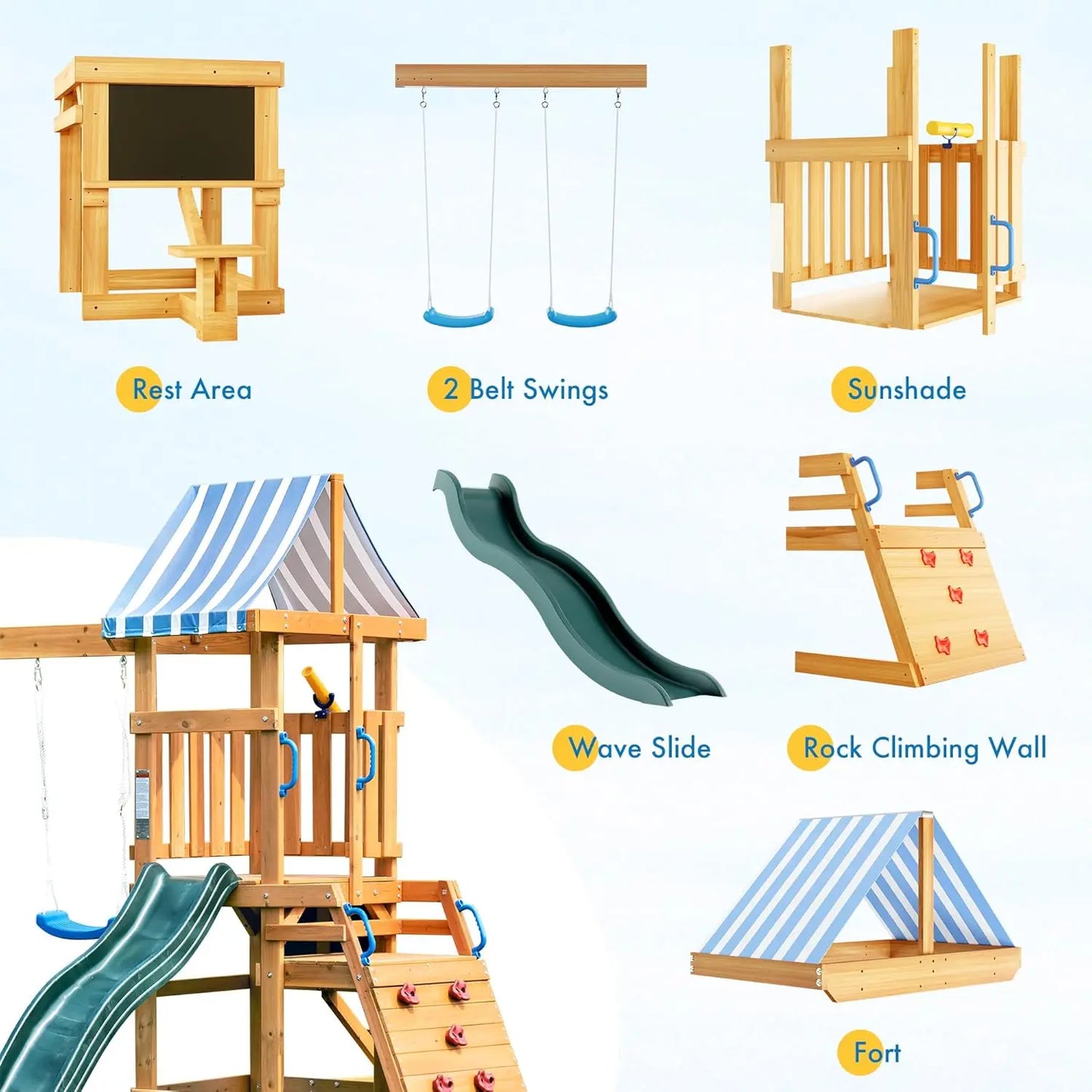 Wooden Swing Set with Dual Swings Slide Rock Climbing Wall Chalkboard Telescope Fort for Backyard Fun for Kids