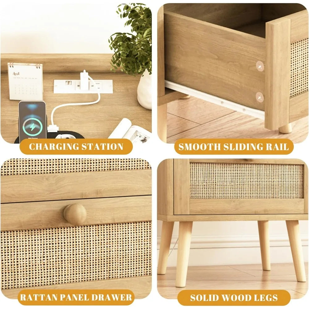 Rattan Nightstand with Charging Station Set of 2