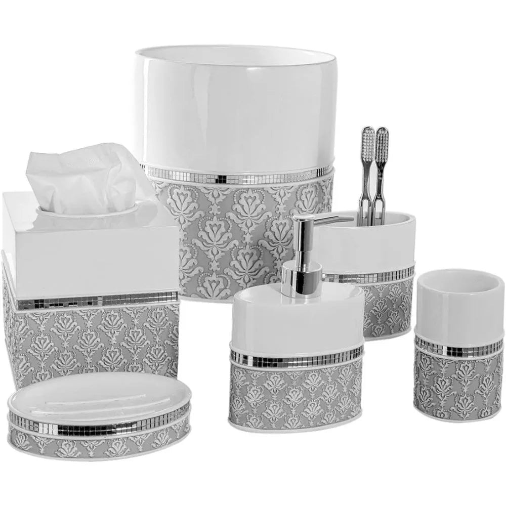 6 Piece Mirror Damask White and Gray Bathroom Accessories Set