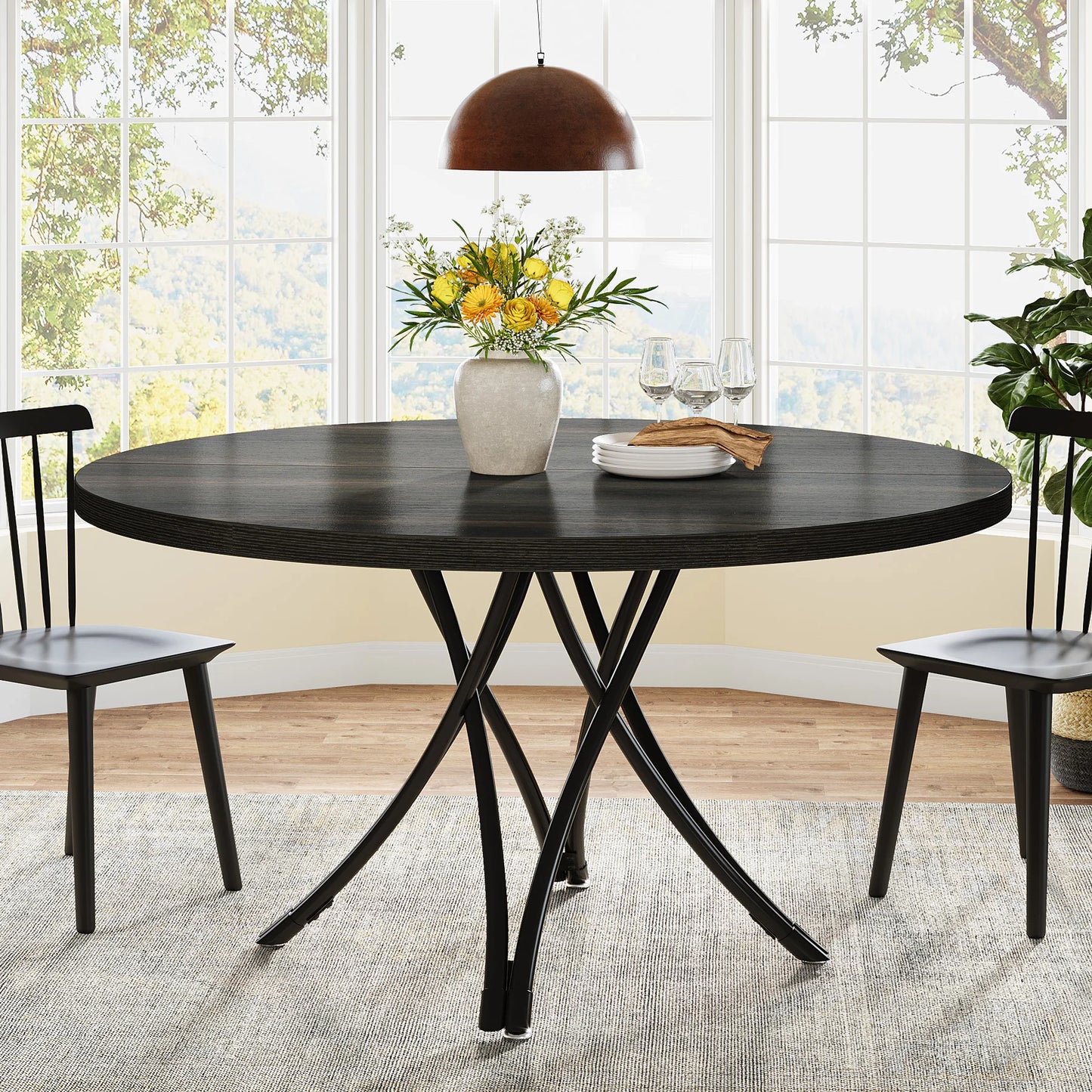 Round Dining Table for 4-6 People, 47-Inch Farmhouse Dinning Room Table Circle Kitchen Table, Industrial Dinner Table