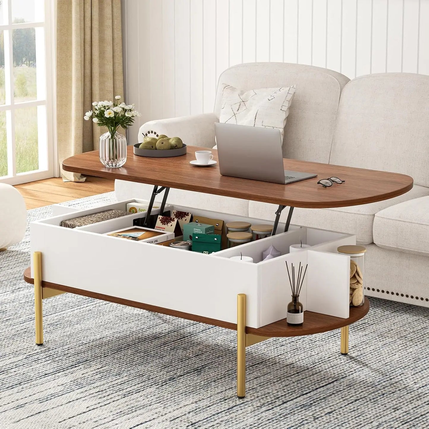48" Oval Lift Top Coffee Table with Storage, Metal Legs & Hidden Compartment